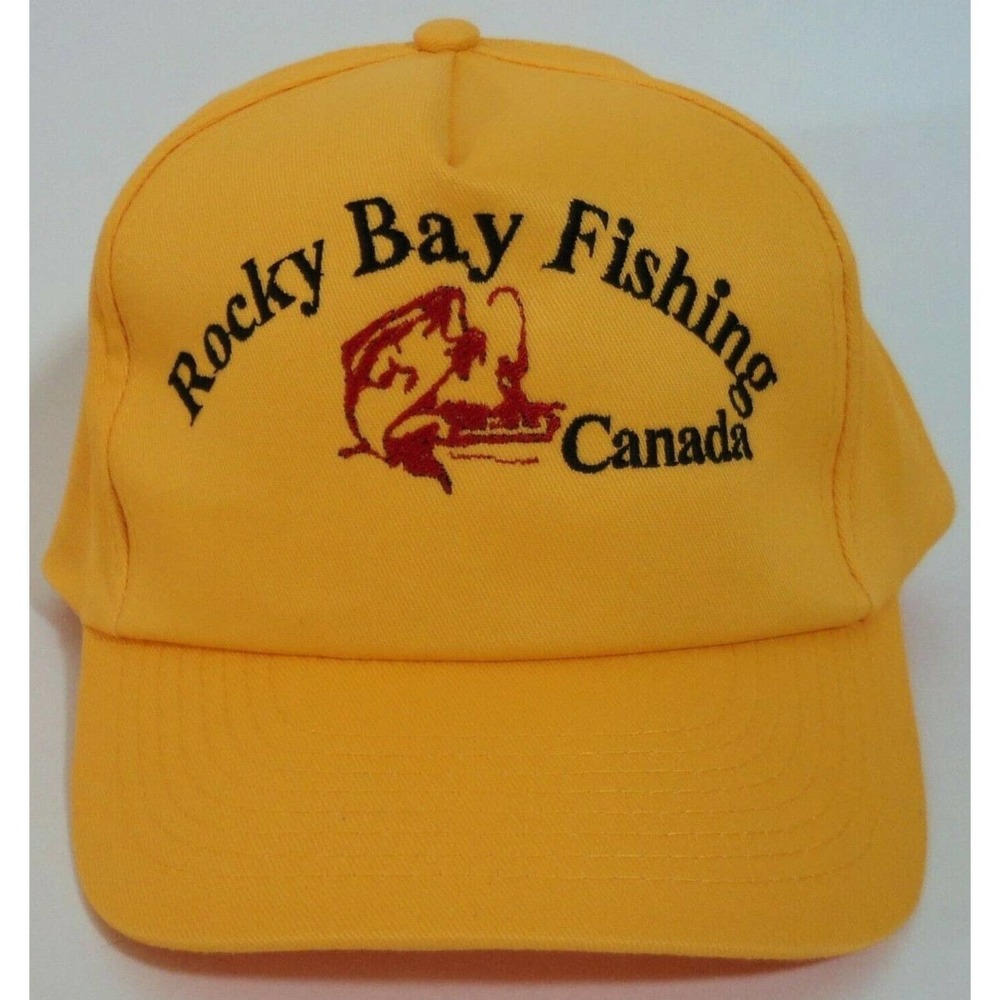 New Rocky Bay Fishing Canada Snap Back Ball Cap Trucker Hat Gold Red and Black